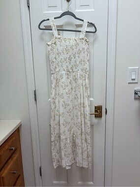Cream Smocked Maxi Dress with Gold Floral Print and Tie Straps